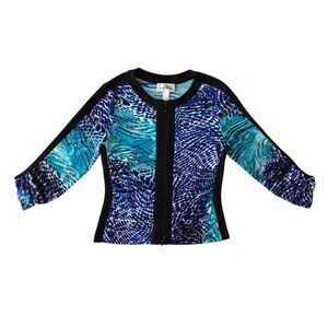 Joseph Ribkoff Blue Abstract Zip Up Cardigan Jacket 12 Canada Made Art to Wear